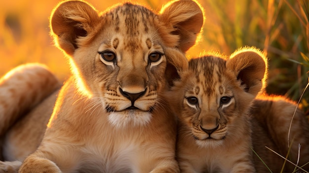 Família de leões dourados da savana africana descansando ao pôr-do-sol vida selvagem no habitat natural