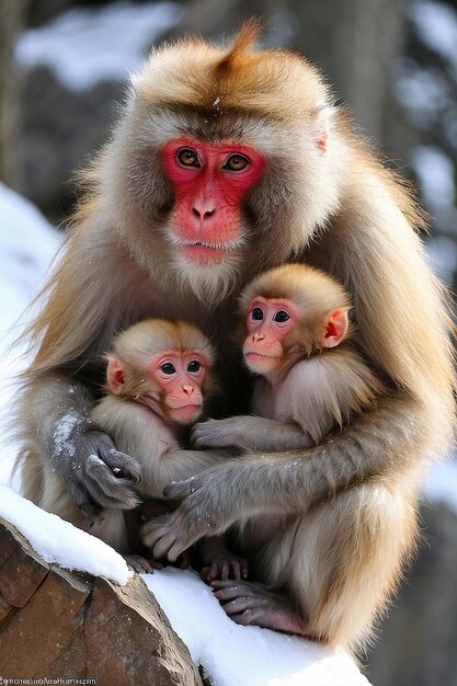 Foto família de macacos-da-neve japonesa jigokudani, parque dos macacos, nagano, japão, 09 de janeiro de 2022