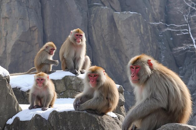 Foto família de macacos-da-neve japonesa jigokudani, parque dos macacos, nagano, japão, 09 de janeiro de 2022