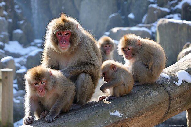 Foto família de macacos-da-neve japonesa jigokudani, parque dos macacos, nagano, japão, 09 de janeiro de 2022