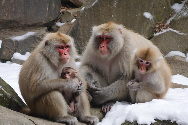 Família de macacos-da-neve japonesa Jigokudani, Parque dos Macacos, Nagano, Japão, 09 de janeiro de 2022