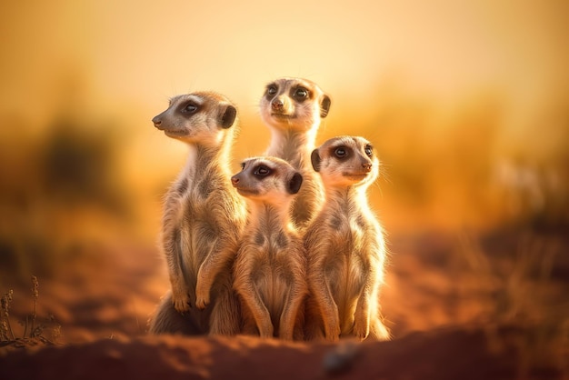 Família de Meerkat de pé em uma areia e olhando em volta