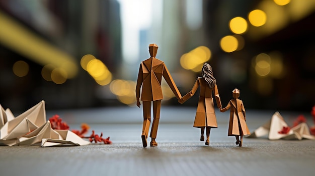 Família de origami caminhando na rua