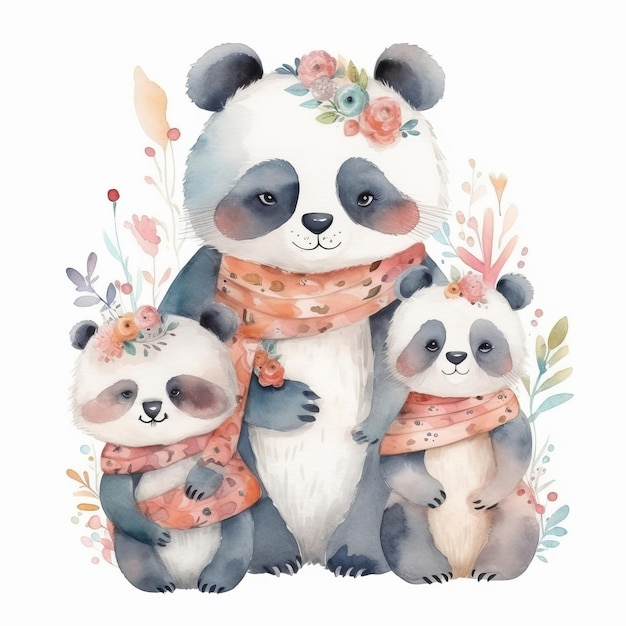 Família de panda aquarela fofa ilustração AI GenerativexA