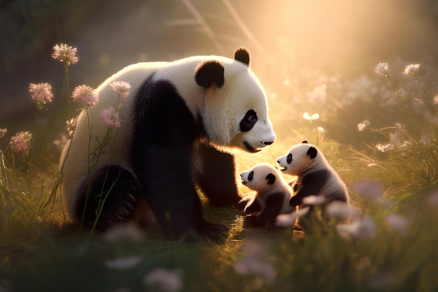 Família de panda bonito e seus filhotes
