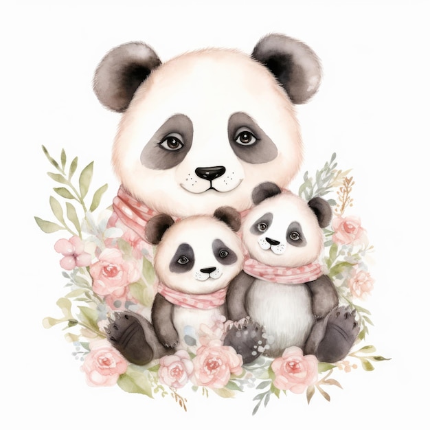 Família de pandas em aquarela fofa Ilustração AI GenerativexA