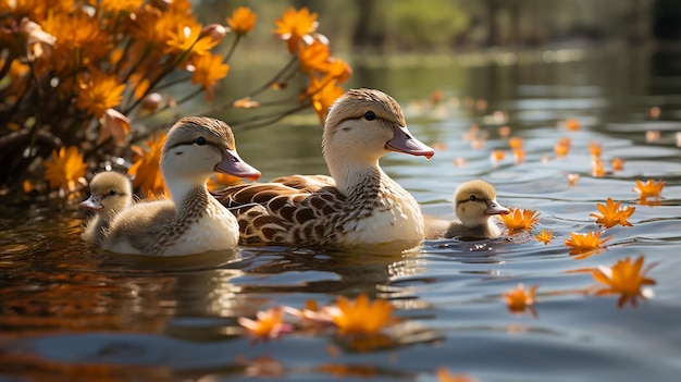 Foto família de patos em serene pond