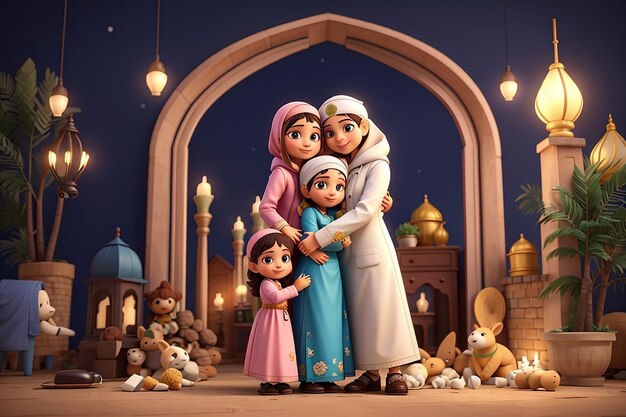 Família de personagens em 3D se abraçando no Eid Mubarak