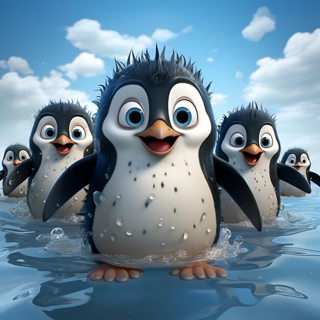 Família de pinguins de desenho animado no mar Ilustração 3D