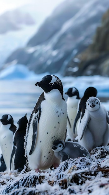 Família de pinguins na Antártida