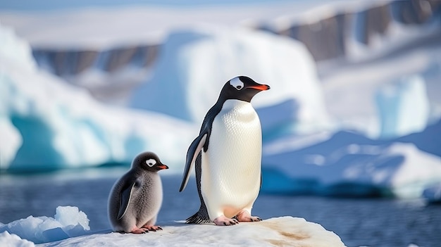 Família de pinguins na região antártica, vida selvagem, aves marinhas