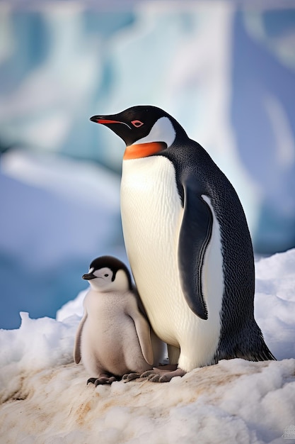 Família de pinguins na região antártica, vida selvagem, aves marinhas