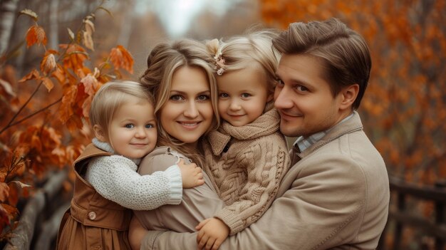 Família de quatro pessoas na floresta de outono.