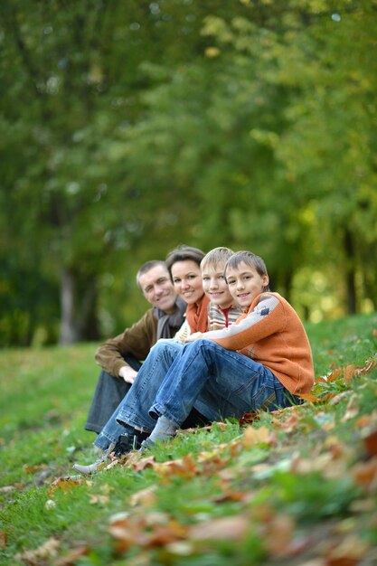 Família de quatro posando sentado na grama