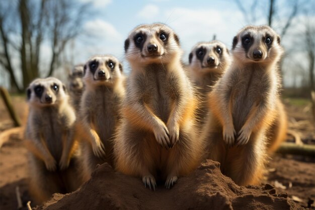 Família de suricatas brincalhonas e engraçadas. Brincadeiras adoráveis no seu habitat.