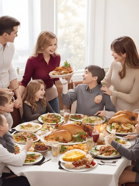 Família de tiro médio comemorando no jantar de ação de graças na refeição da sala de jantar Família multiétnica desfruta