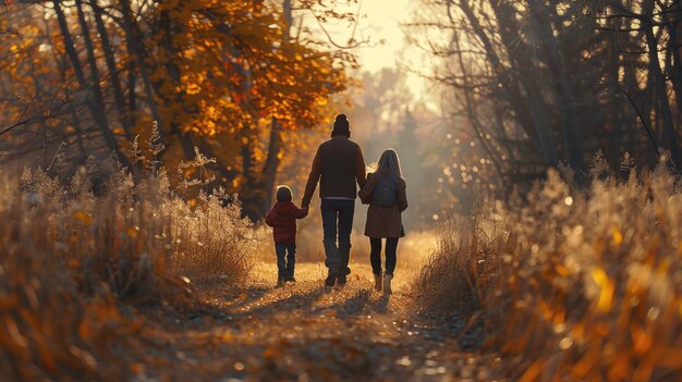 Foto família de três em uma caminhada mãe segurando criança vista frontal