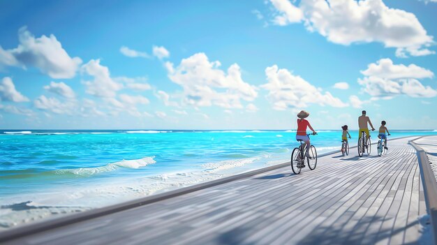 Foto família de três está andando de bicicleta em uma calçada ao longo da praia