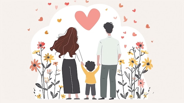 Família de três pessoas de mãos dadas em estilo de desenho animado com coração