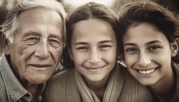 Família de várias gerações abraçando-se ao ar livre sorrindo e rindo com amor gerado pela inteligência artificial