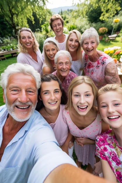 Foto família de várias gerações tirando uma selfie no quintal no verão durante uma festa de jardim