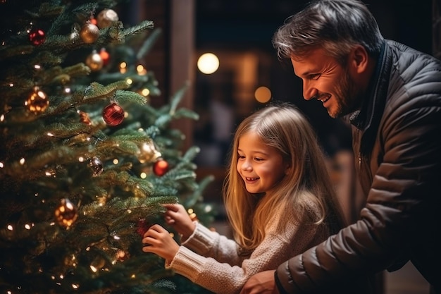 La familia decora el árbol de Navidad con una guirnalda colorida AI generativa