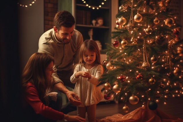 La familia decora el árbol de Navidad