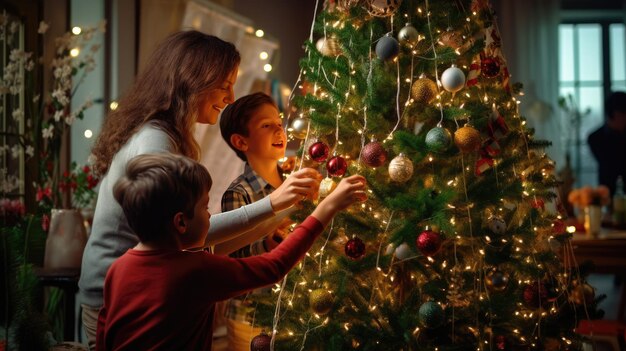 Foto família decorando a árvore de natal