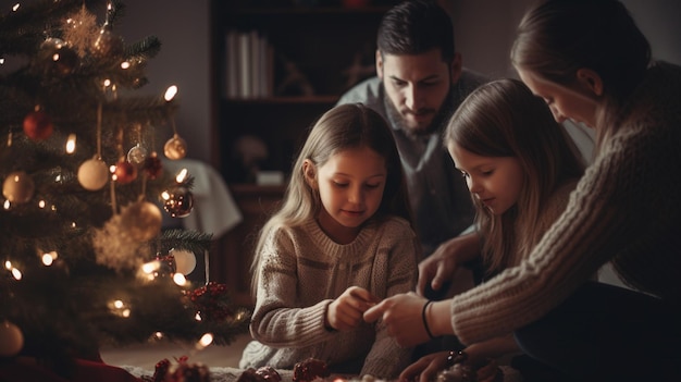Familia decorando un árbol de navidad en un cuarto oscuro