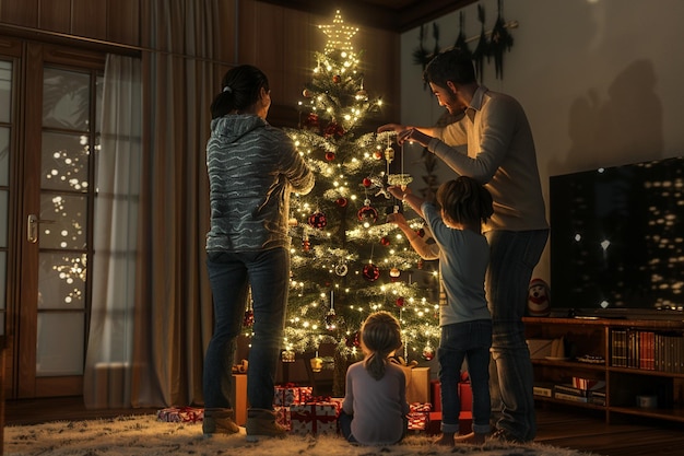 Una familia decorando un árbol de Navidad juntos