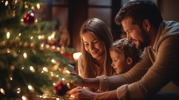 familia decorando el árbol de navidad en vivo