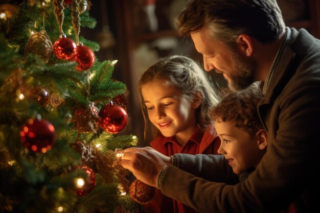 Foto família decorando árvore de natal