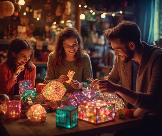 Una familia decorando su casa con luces de colores