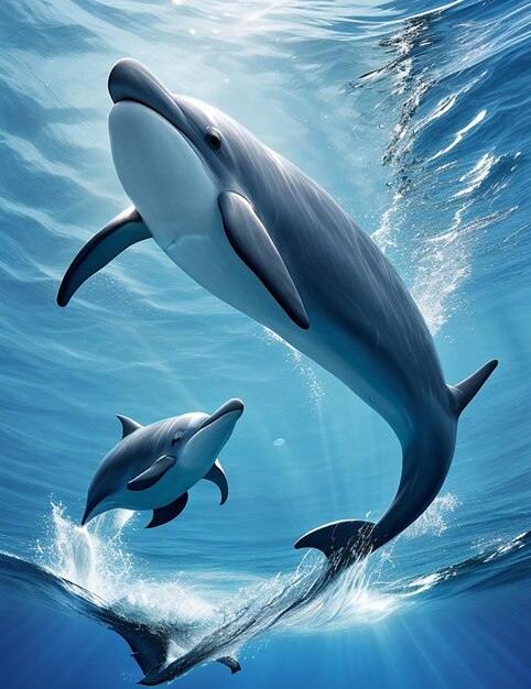 Familia de delfines nadando en el océano