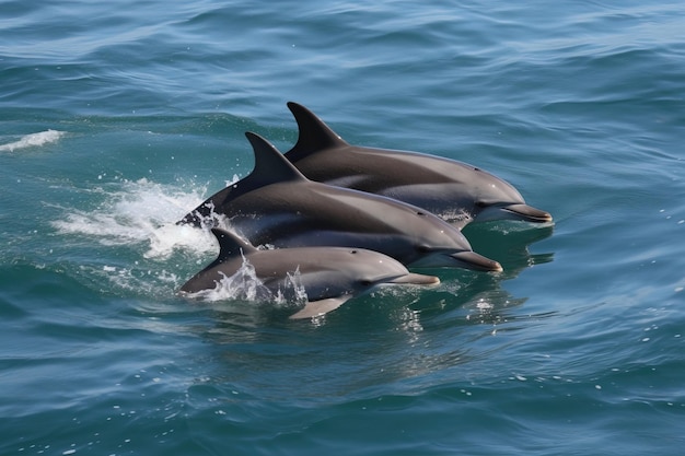 Una familia de delfines nadando en el océano.