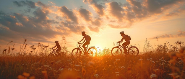 Familia de deportes en sus bicicletas Al anochecer una madre monta su bicicleta con sus hijos por el campo