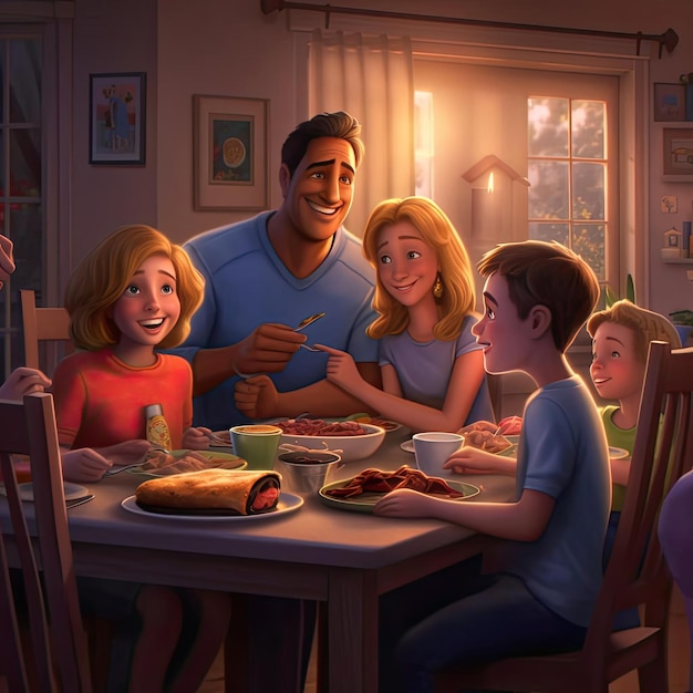 Familia desayunando en la cocina por la noche 3D Render ilustración