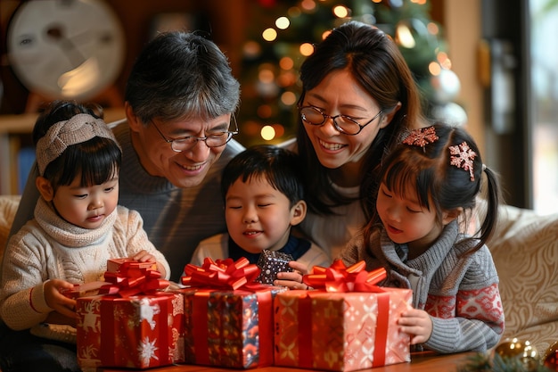 Família Desembalando Juntos o Presente de Natal