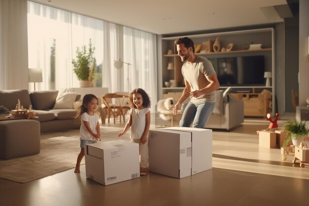 Una familia desempaquetando y arreglando muebles en Generative ai