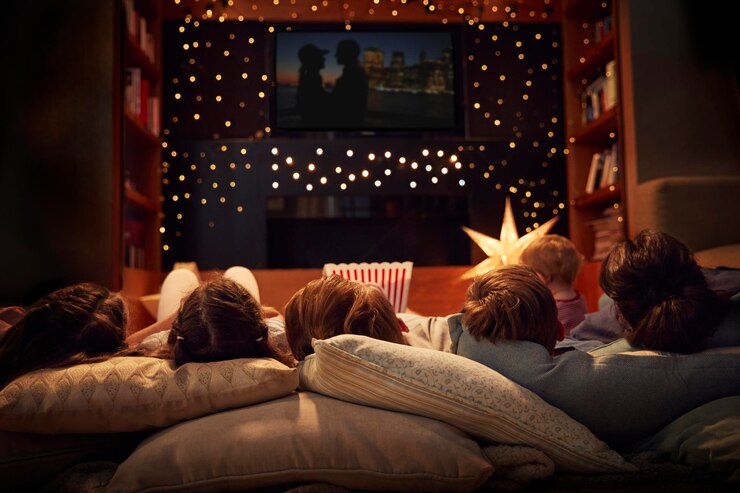 Foto família desfrutando de uma noite de cinema em casa