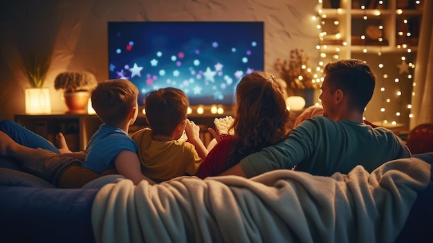 Foto família desfrutando de uma sala escura em um sofá de madeira para o evento de tv aig41
