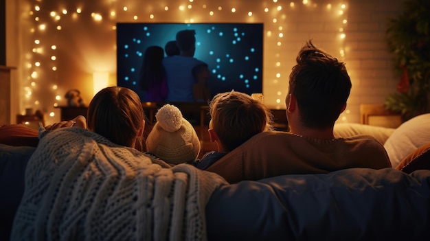 Foto família desfrutando de uma sala escura em um sofá de madeira para um evento de televisão