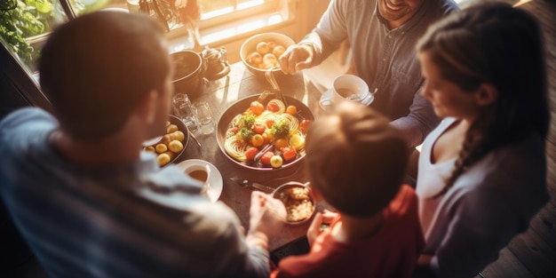 Foto família desfrutando juntos de um pequeno-almoço ao sol