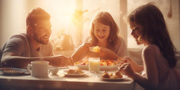 Foto família desfrutando juntos de um pequeno-almoço ensolarado