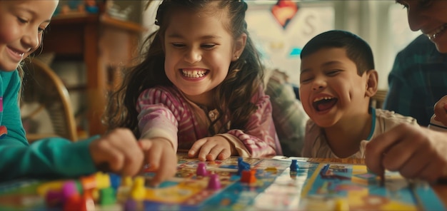 Foto una familia con discapacidades se reúne para una noche de juegos de mesa una joven con síndrome de down sostiene triunfalmente el boleto ganador rodeada de las orgullosas sonrisas de su familia