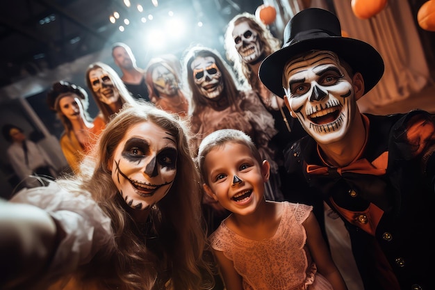 Familia con disfraces de Halloween tomándose un selfie en una fiesta