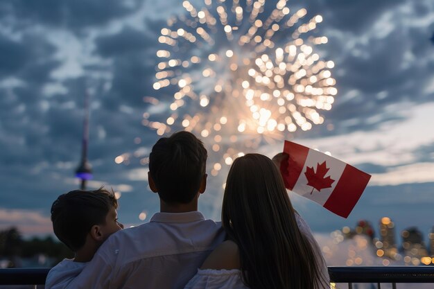 Familia disfruta de fuegos artificiales ondeando la bandera canadiense en el Día de Canadá