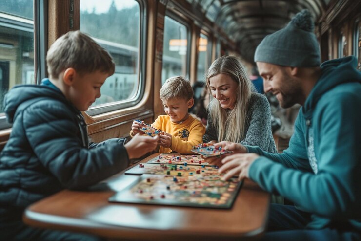 La familia disfruta de juegos de mesa en un viaje en tren a través de paisajes paisajísticos AI generativa
