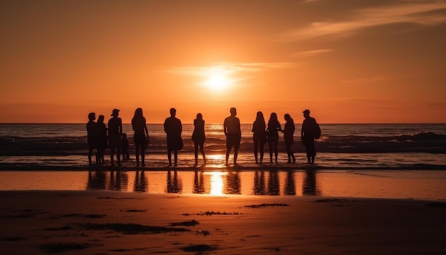 Familia disfruta junta de la puesta de sol en la costa tropical generada por IA