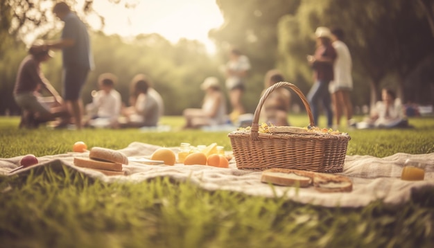 Familia disfruta de un picnic en la naturaleza compartiendo comida generada por IA